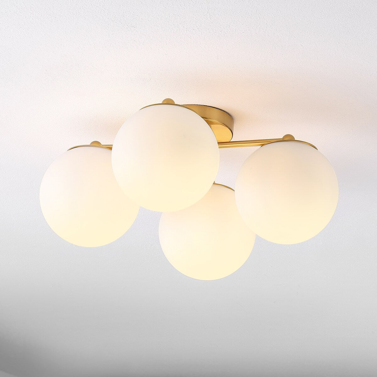 Luca 18" 4-Light Bohemian Farmhouse Iron/Frosted Glass LED Semi Flush Mount, Brass Gold/White by JONATHAN Y