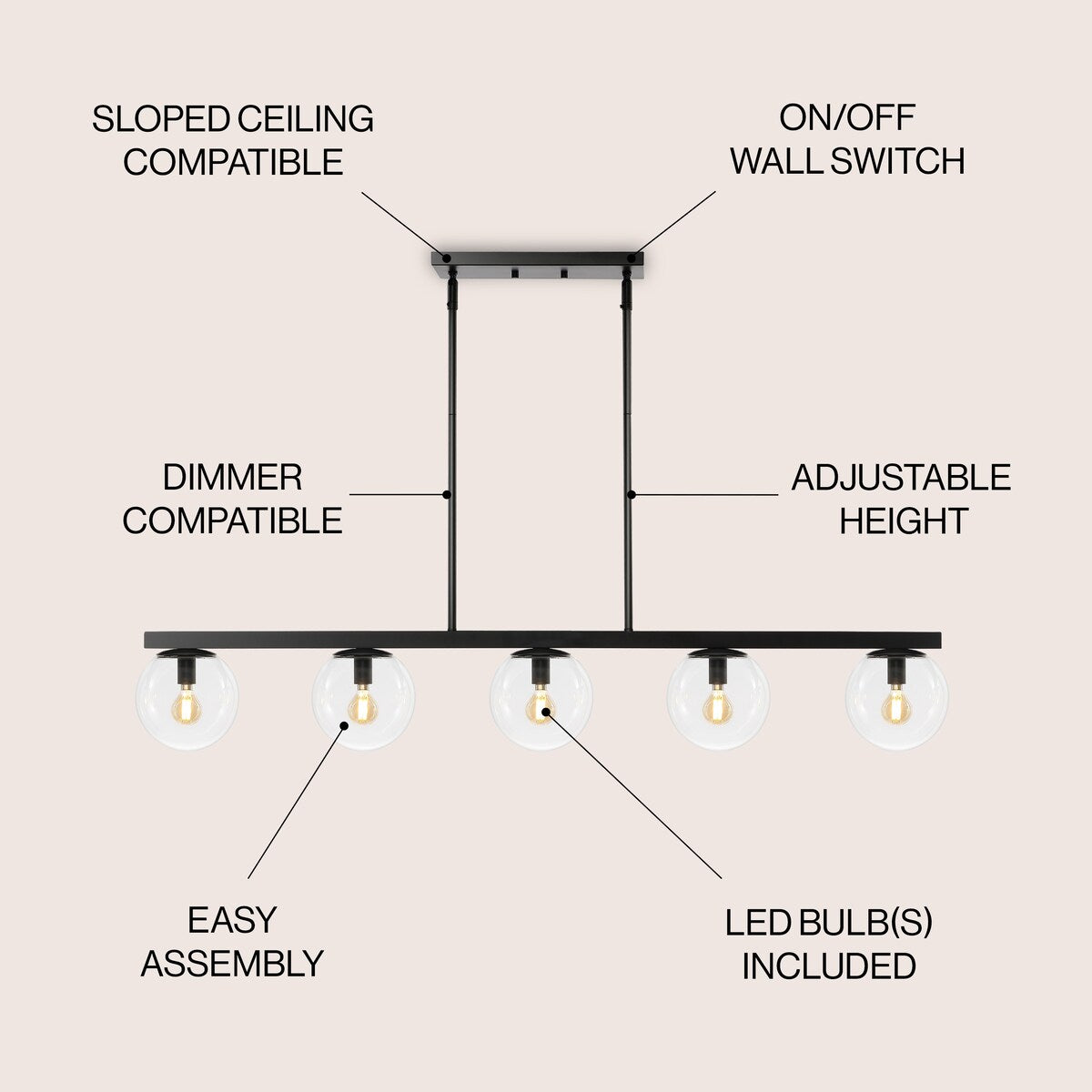 Luca Parisian 45.5" 5-Light Modern Glam Iron Globe Linear LED Pendant by JONATHAN Y