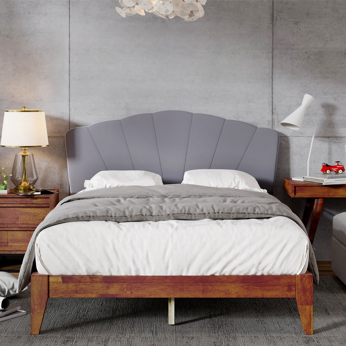 Lucass Shell Queen Wood Upholstered Platform Bed Frame