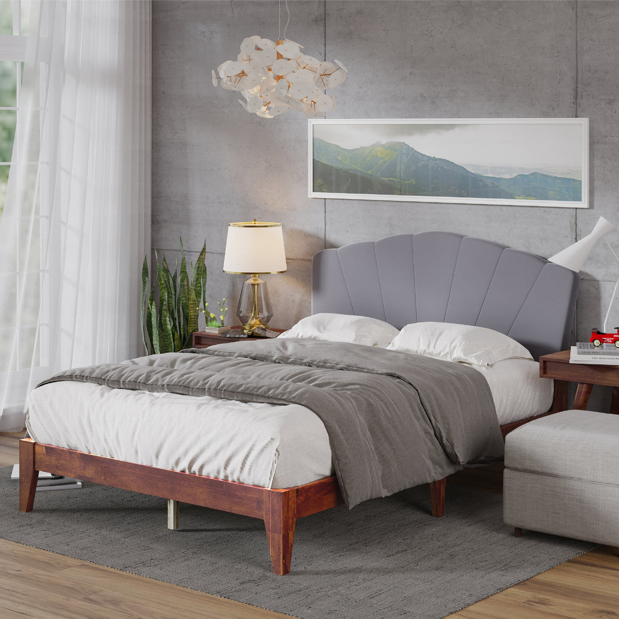 Lucass Shell Queen Wood Upholstered Platform Bed Frame