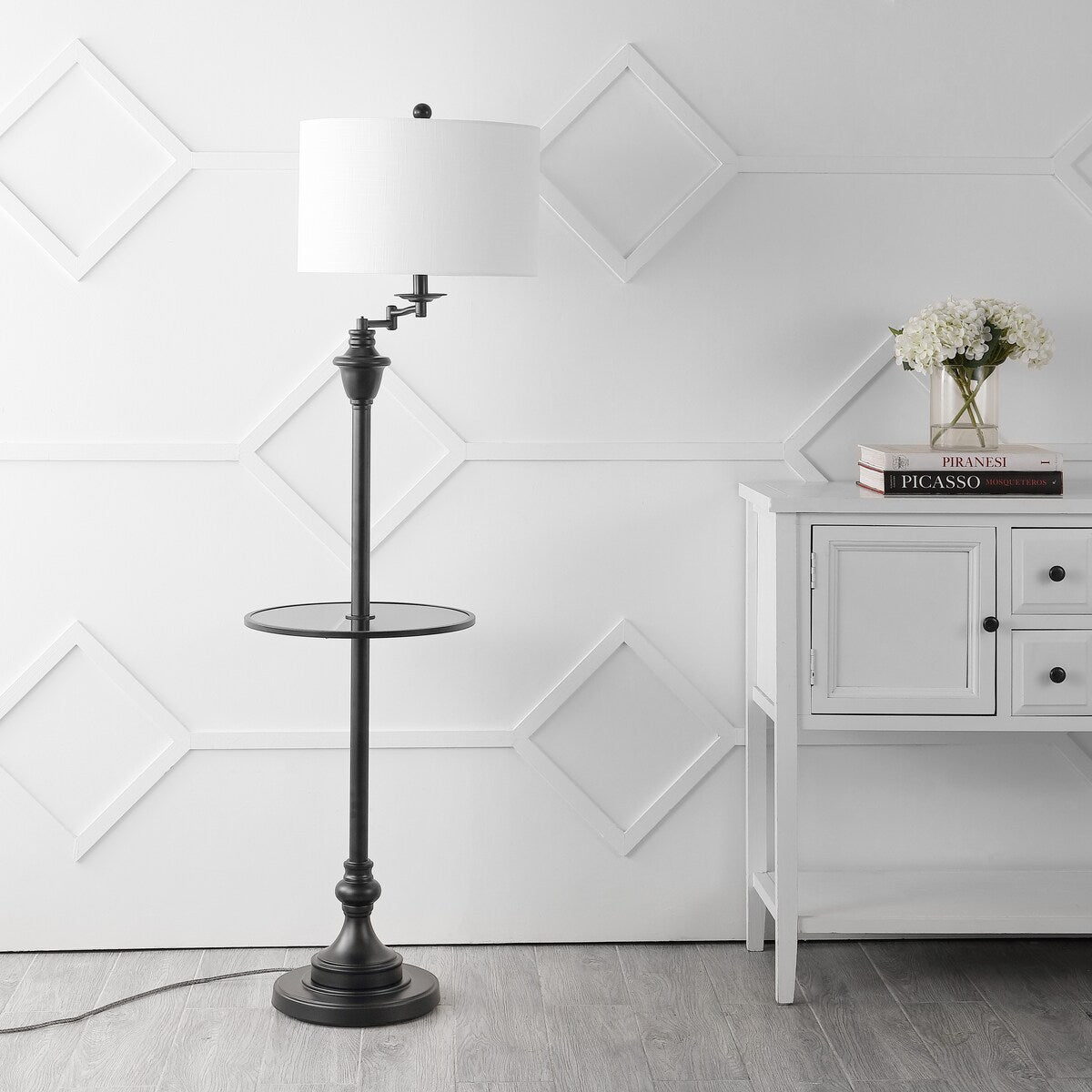 Luce 60" Metal/Glass LED Side Table and Floor Lamp, Chrome by JONATHAN Y - 60" H x 16" W x 16" D
