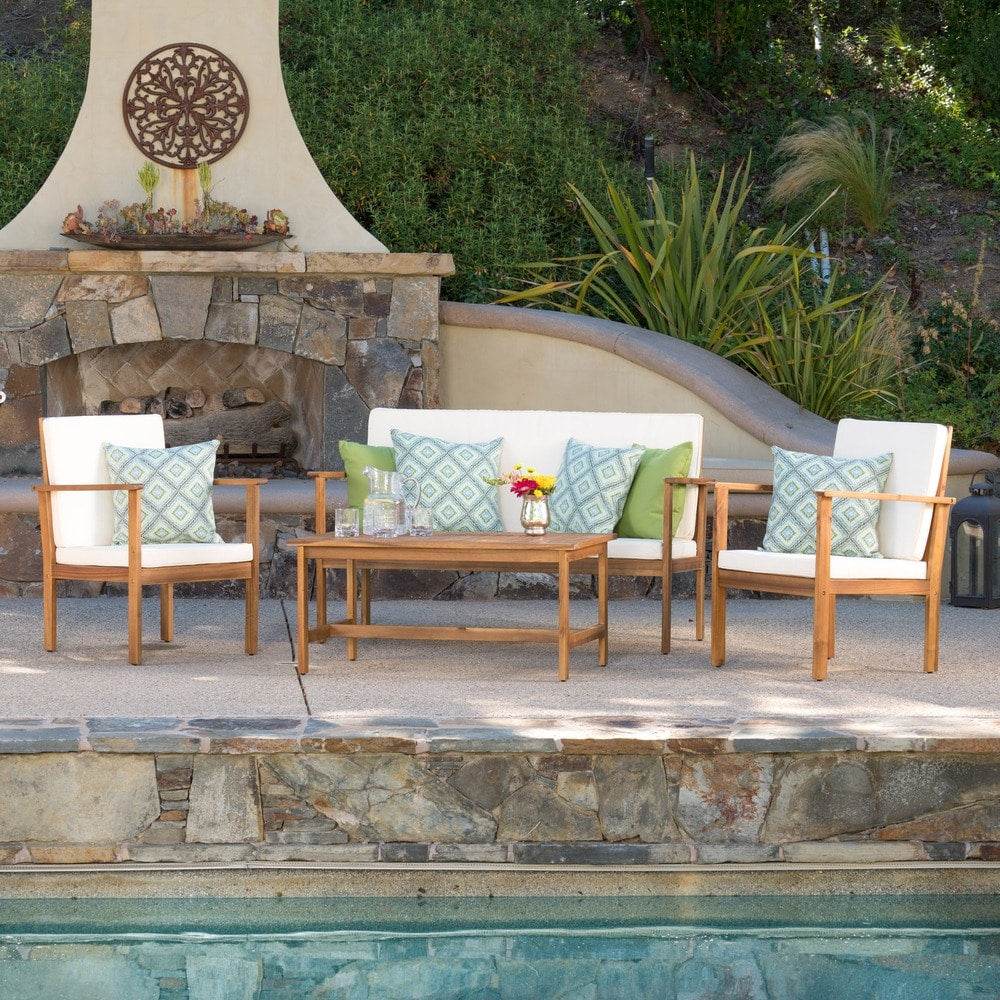 Luciano Outdoor 4-piece Acacia Wood Chat Set with Cushions by Christopher Knight Home