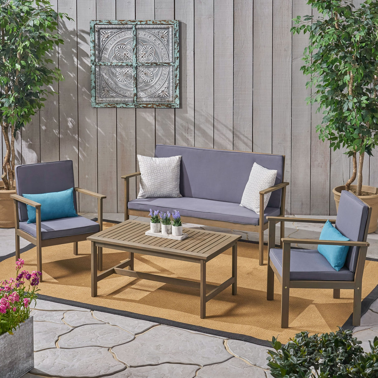 Luciano Outdoor 4-piece Acacia Wood Chat Set with Cushions by Christopher Knight Home
