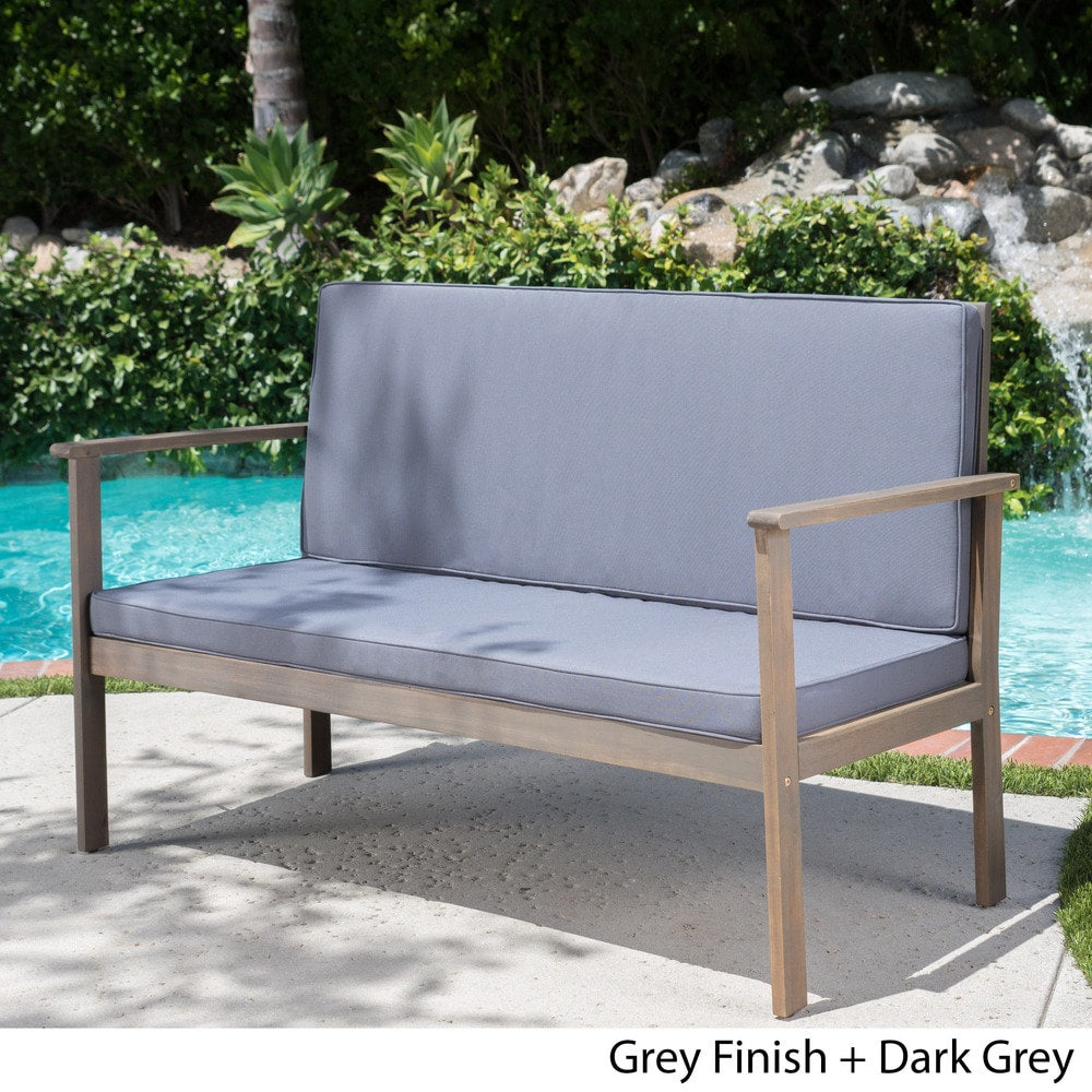Luciano Outdoor Acacia Wood Bench with Cushions by Christopher Knight Home