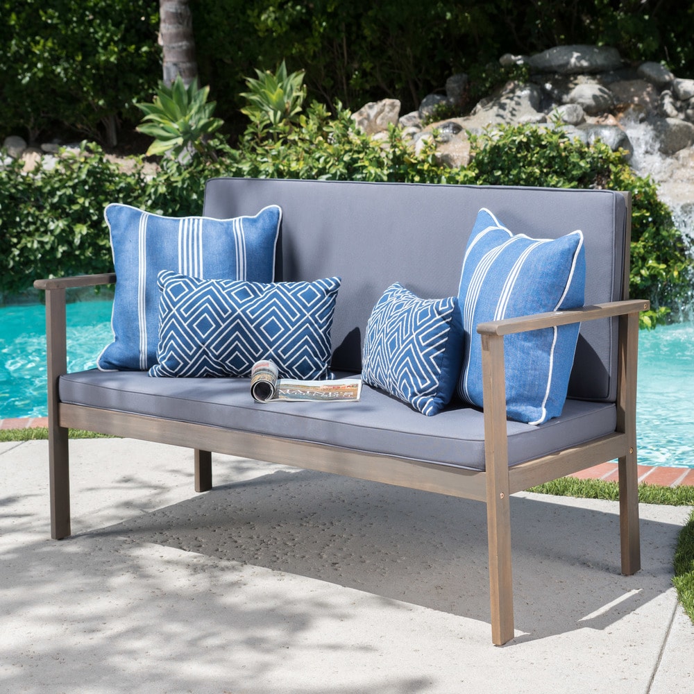Luciano Outdoor Acacia Wood Bench with Cushions by Christopher Knight Home