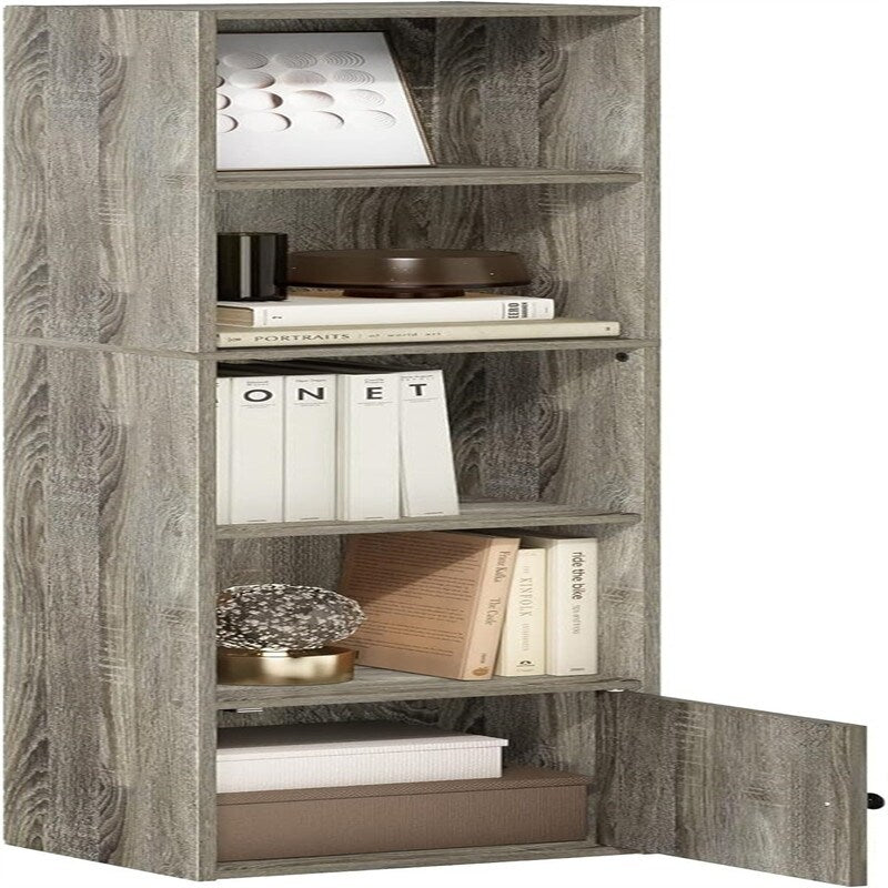 Luder Shelf Bookcase with 1 Door Storage Cabinet, French Oak - 9.3"D x 12"W x 52.1"H