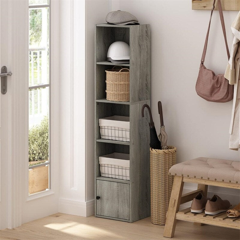 Luder Shelf Bookcase with 1 Door Storage Cabinet, French Oak - 9.3"D x 12"W x 52.1"H