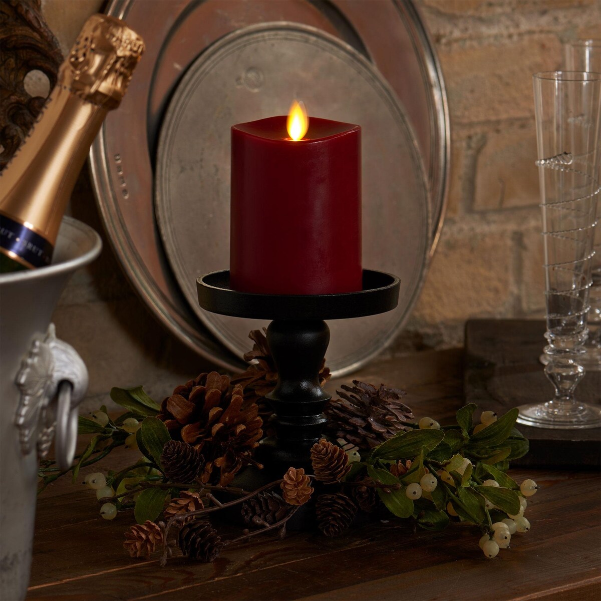 LUMINARA - Burgundy Flameless Candle Pillar - Melted Top Unscented - 3.0" x 4.5" or 6.5"