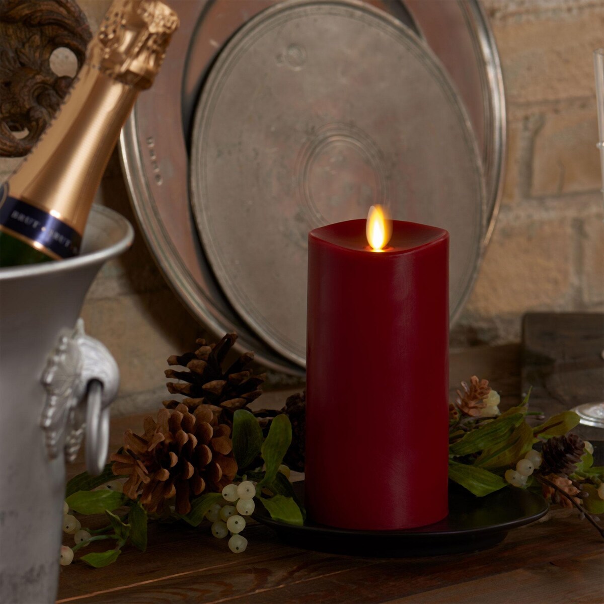 LUMINARA - Burgundy Flameless Candle Pillar - Melted Top Unscented - 3.0" x 4.5" or 6.5"