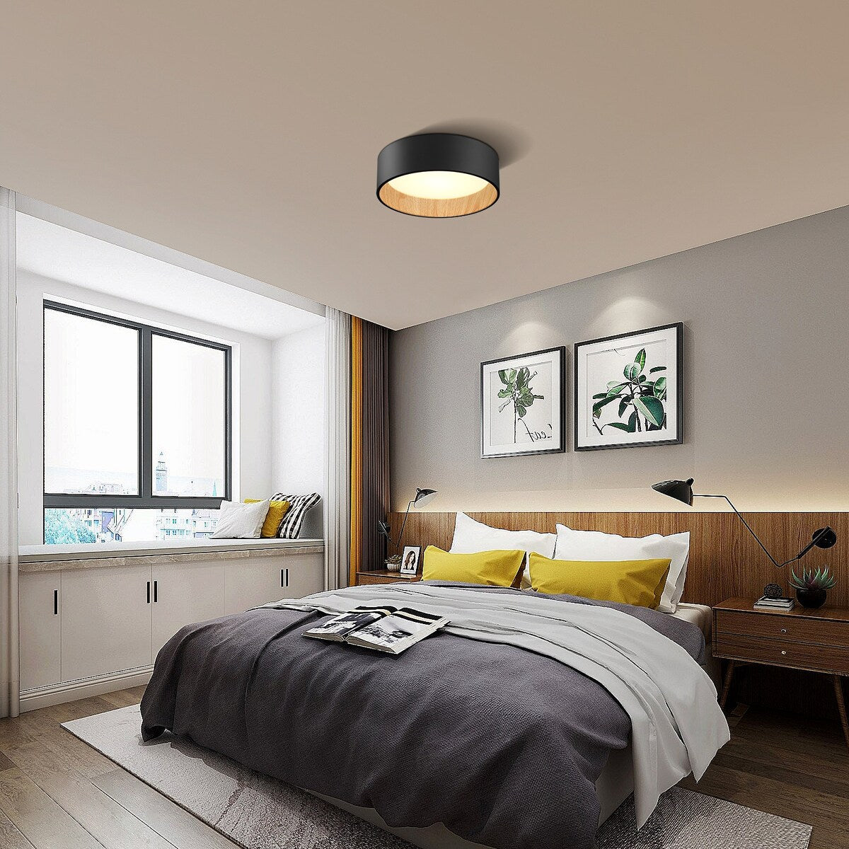 Luna Dark Forest Black and Wood LED Flush Mount Ceiling Light - 1-LIGHT