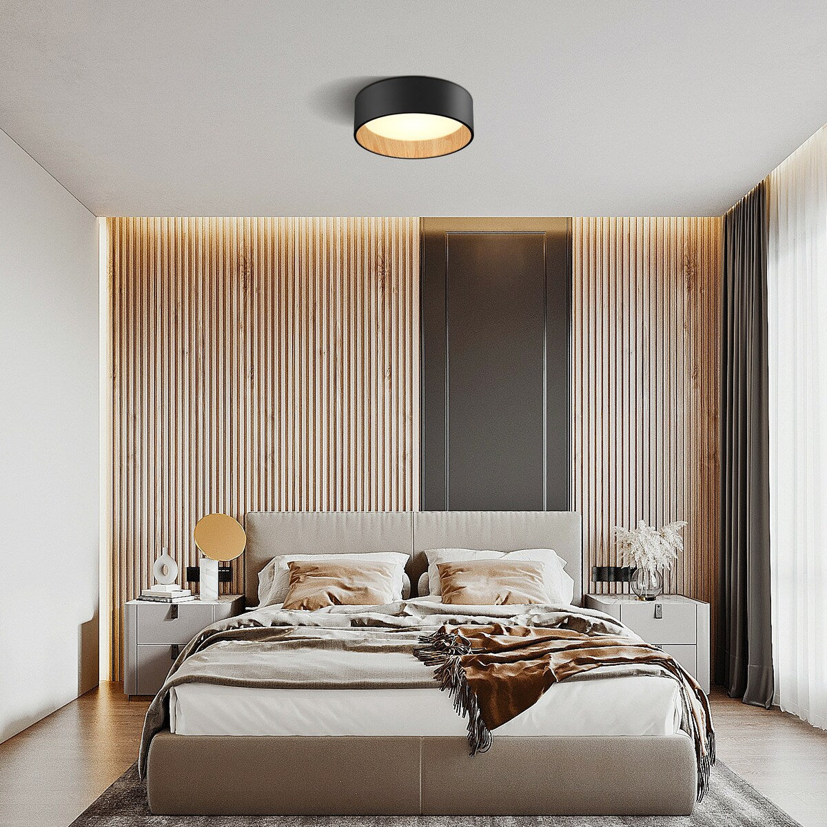 Luna Dark Forest Black and Wood LED Flush Mount Ceiling Light - 1-LIGHT