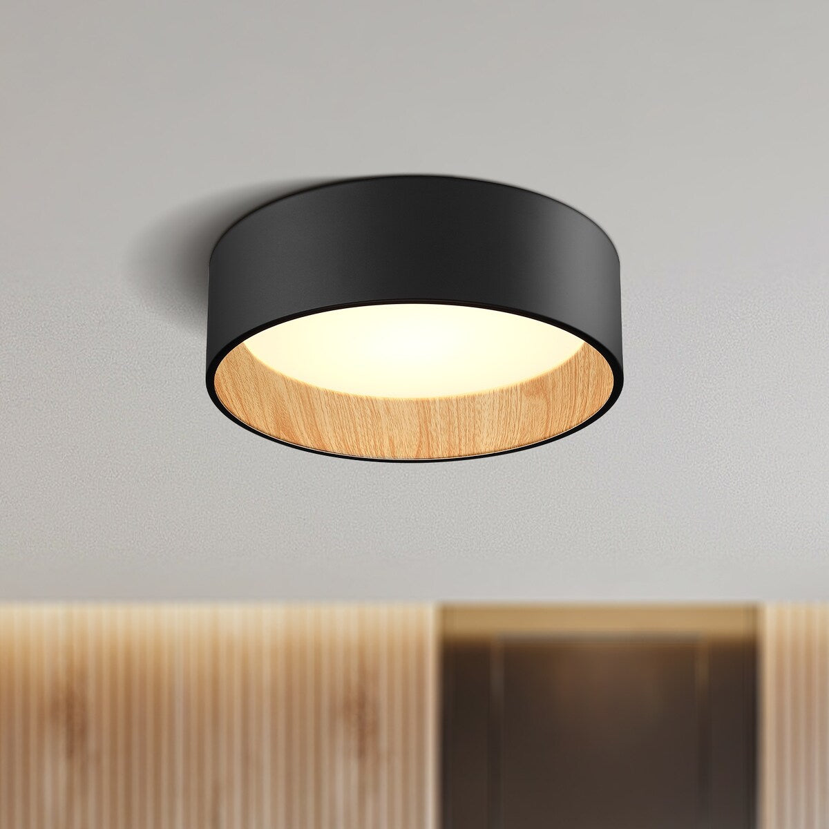 Luna Dark Forest Black and Wood LED Flush Mount Ceiling Light - 1-LIGHT