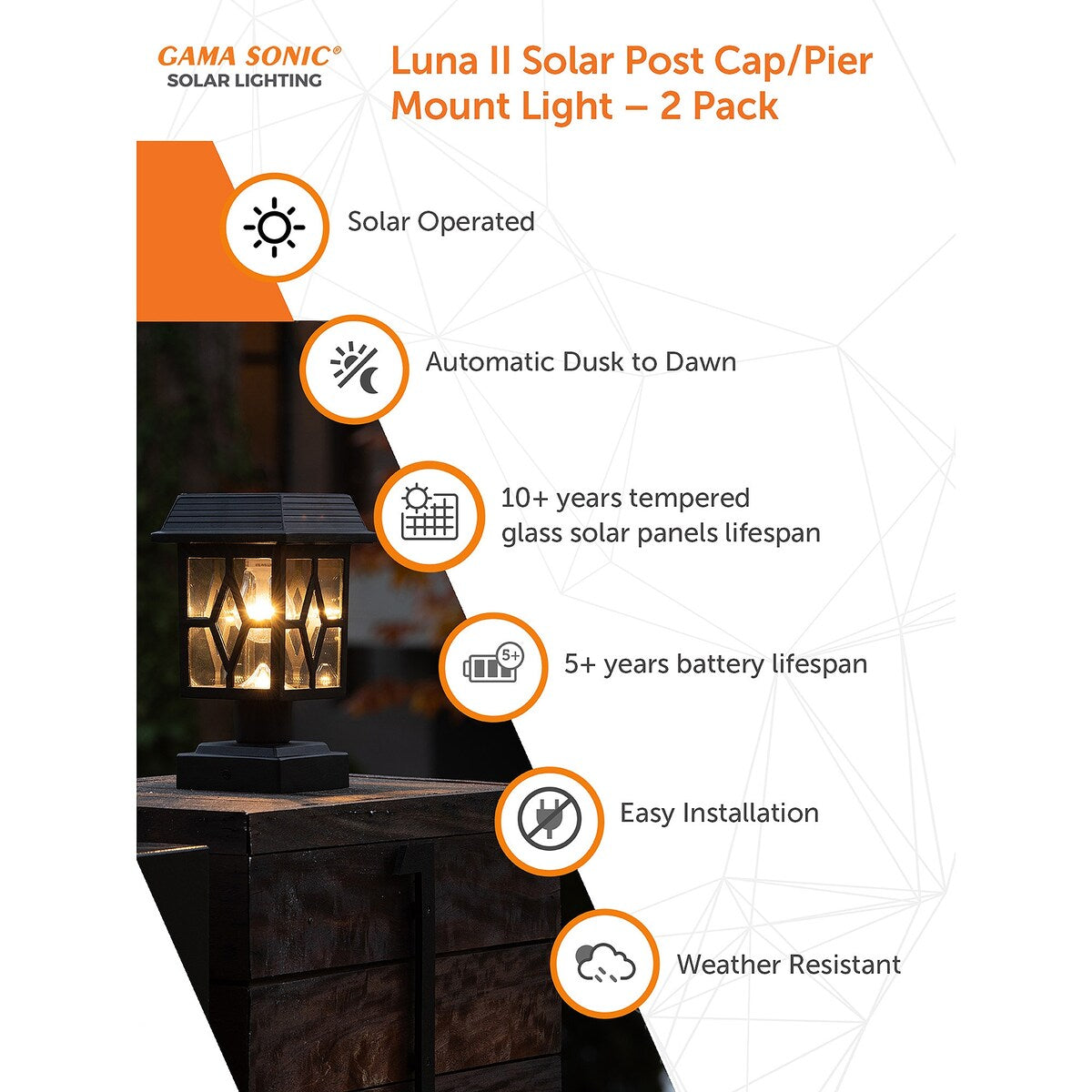 Luna II Black Landscape Solar Deck Post Cap Light w/ Pier Mount 2PK