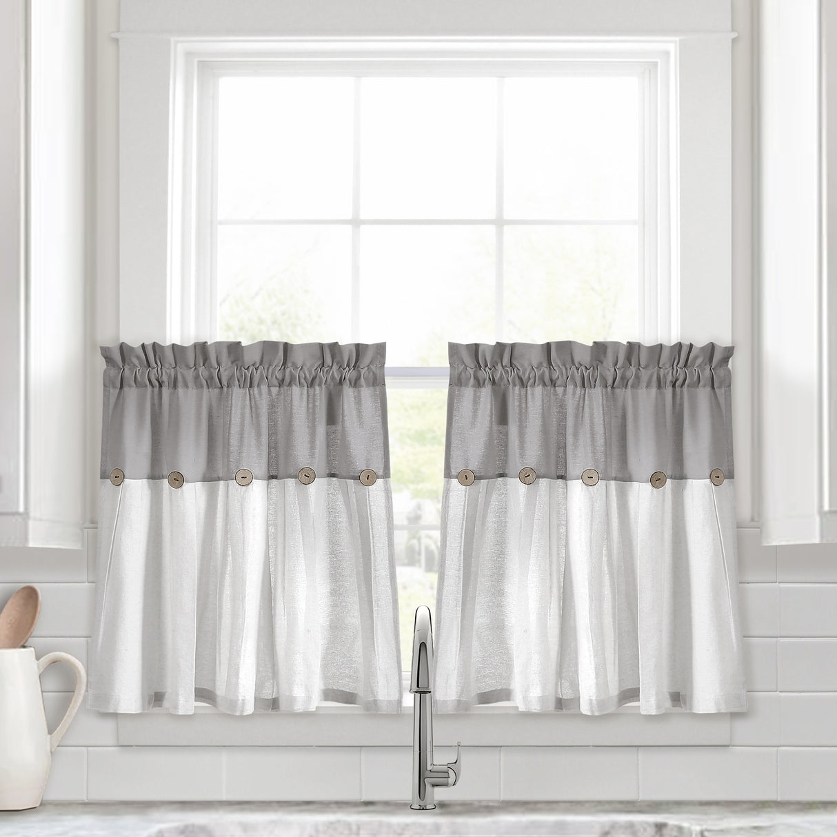 Lush Decor Linen Button Kitchen Tier Window Curtain Panel Pair