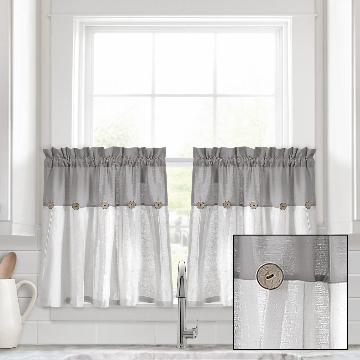 Lush Decor Linen Button Kitchen Tier Window Curtain Panel Pair