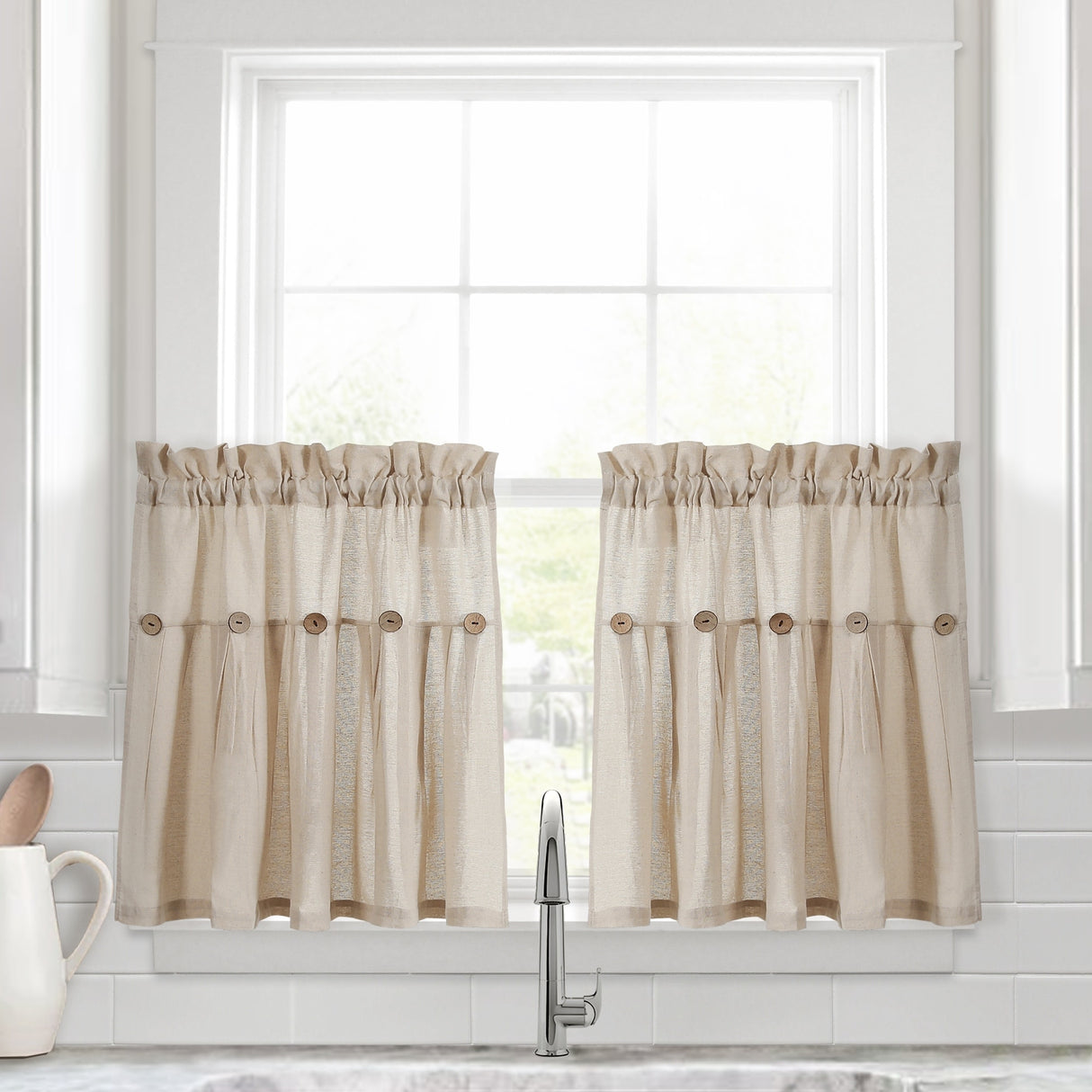 Lush Decor Linen Button Kitchen Tier Window Curtain Panel Pair