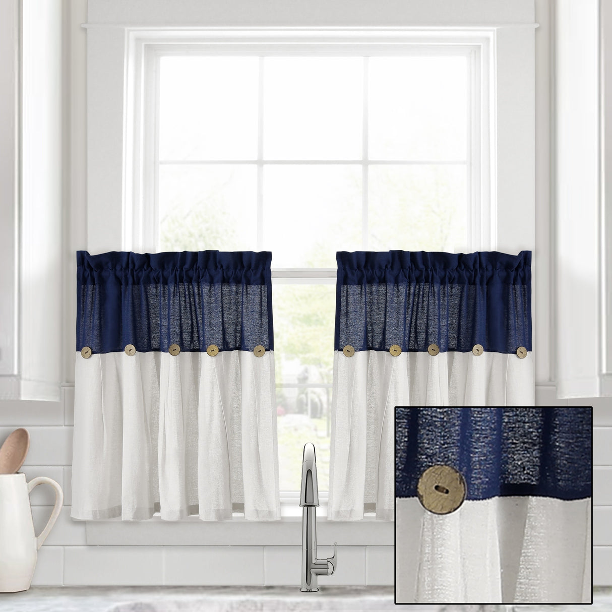 Lush Decor Linen Button Kitchen Tier Window Curtain Panel Pair