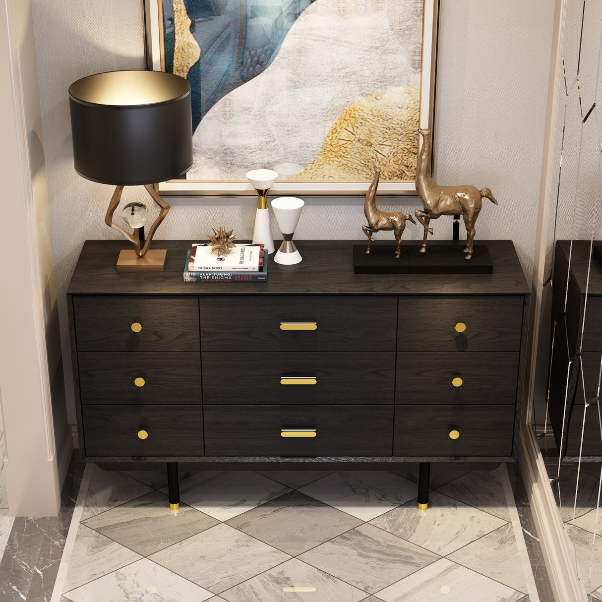 Luxe Matte Black Dresser w/Golden Hardware - Spacious Bedroom Storage