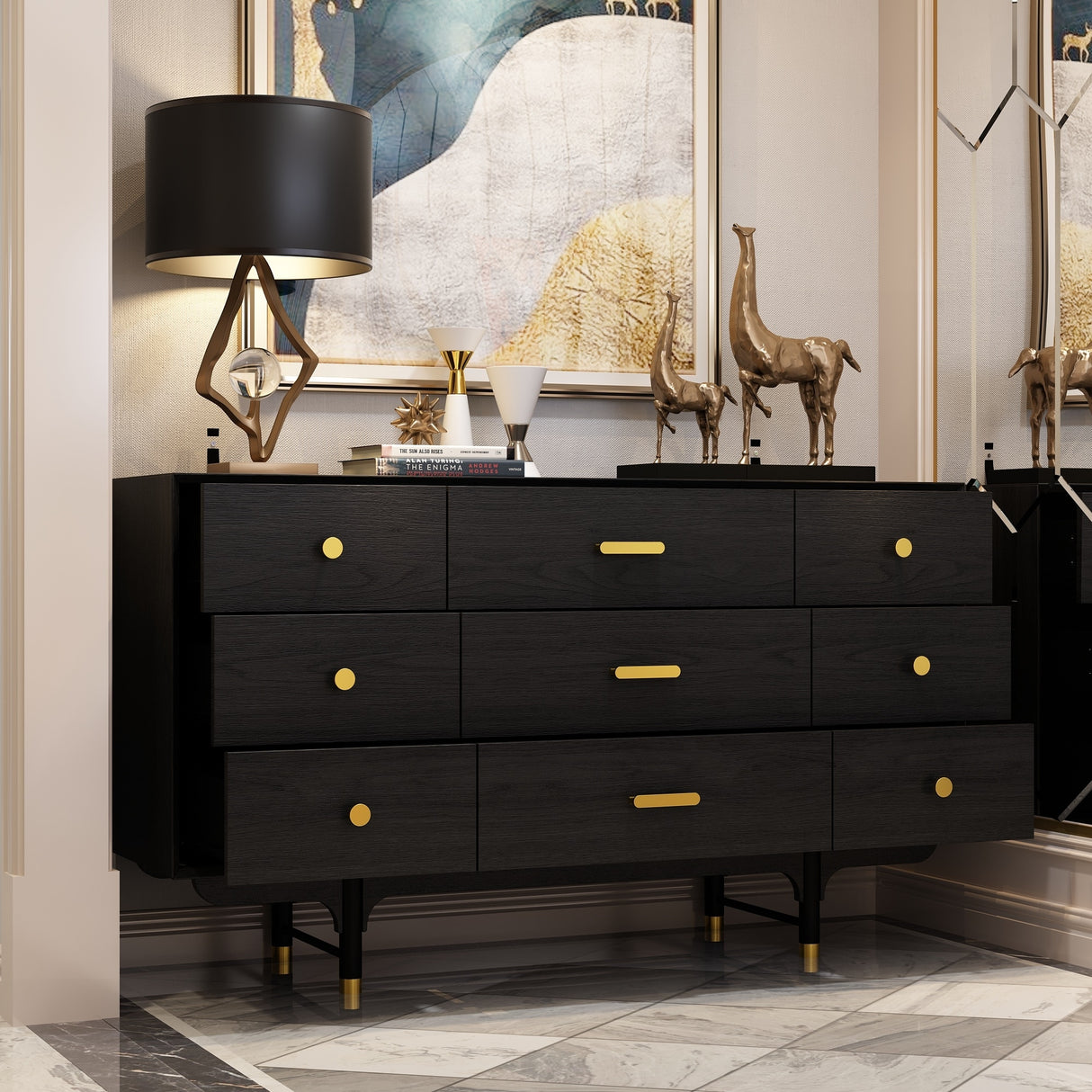 Luxe Matte Black Dresser w/Golden Hardware - Spacious Bedroom Storage