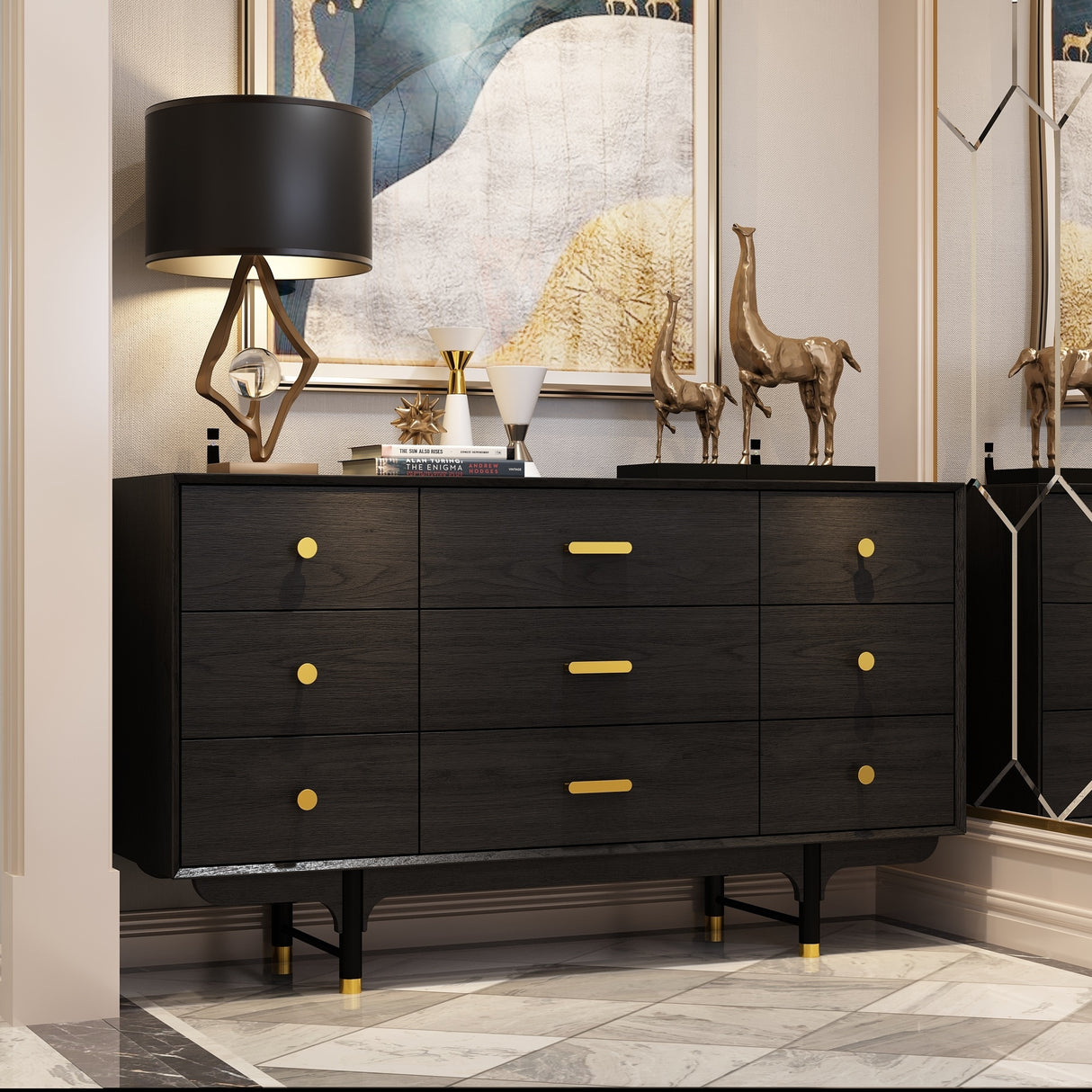 Luxe Matte Black Dresser w/Golden Hardware - Spacious Bedroom Storage