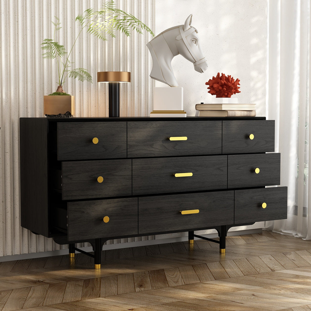 Luxe Matte Black Dresser w/Golden Hardware - Spacious Bedroom Storage