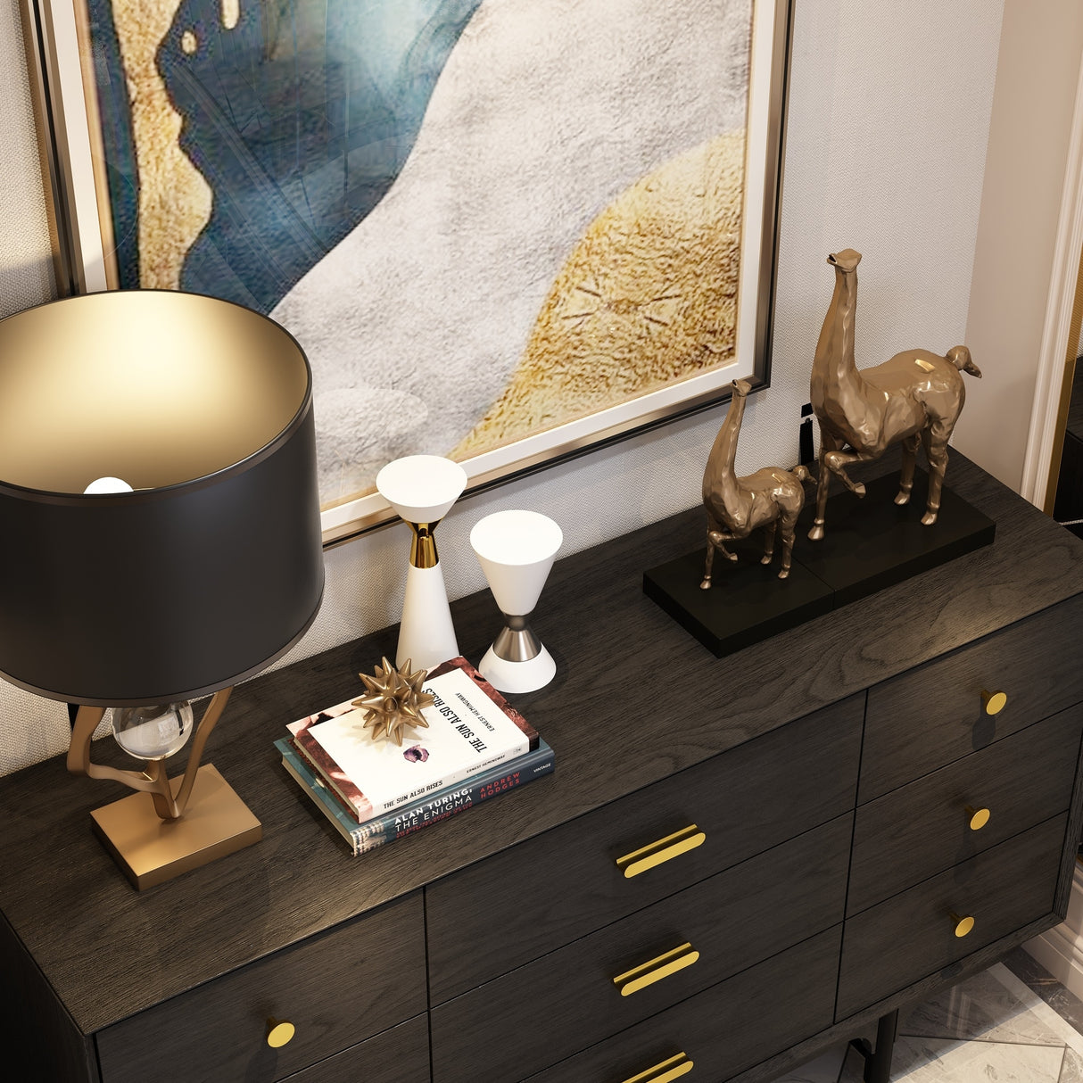 Luxe Matte Black Dresser w/Golden Hardware - Spacious Bedroom Storage