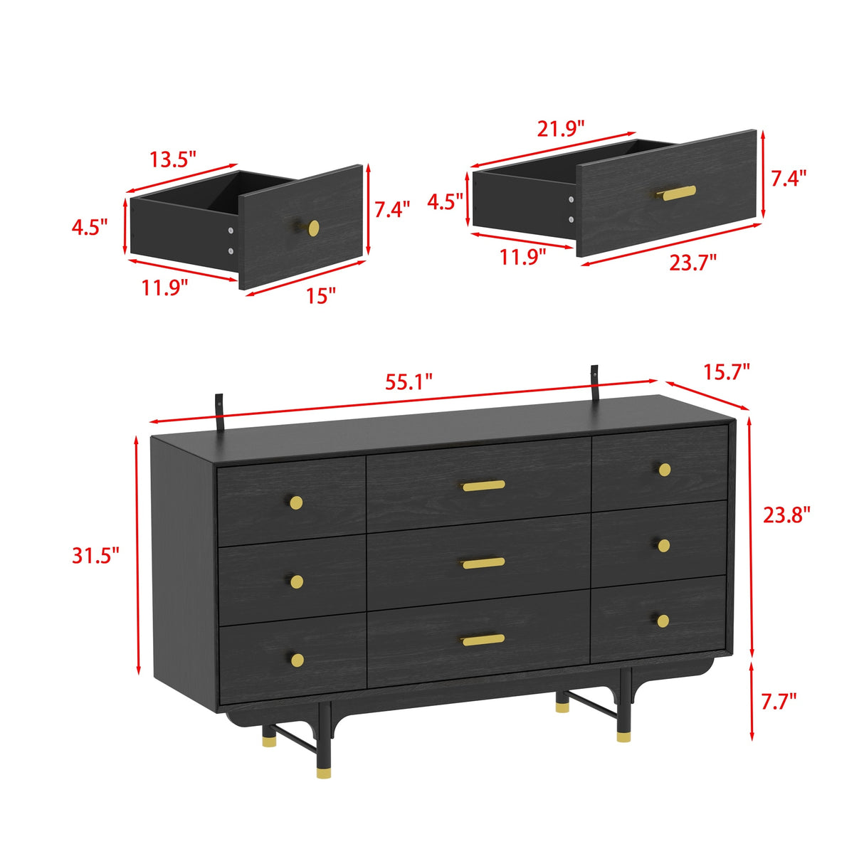 Luxe Matte Black Dresser w/Golden Hardware - Spacious Bedroom Storage