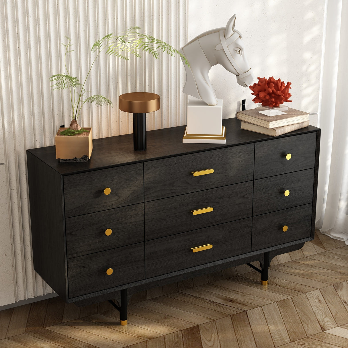 Luxe Matte Black Dresser w/Golden Hardware - Spacious Bedroom Storage