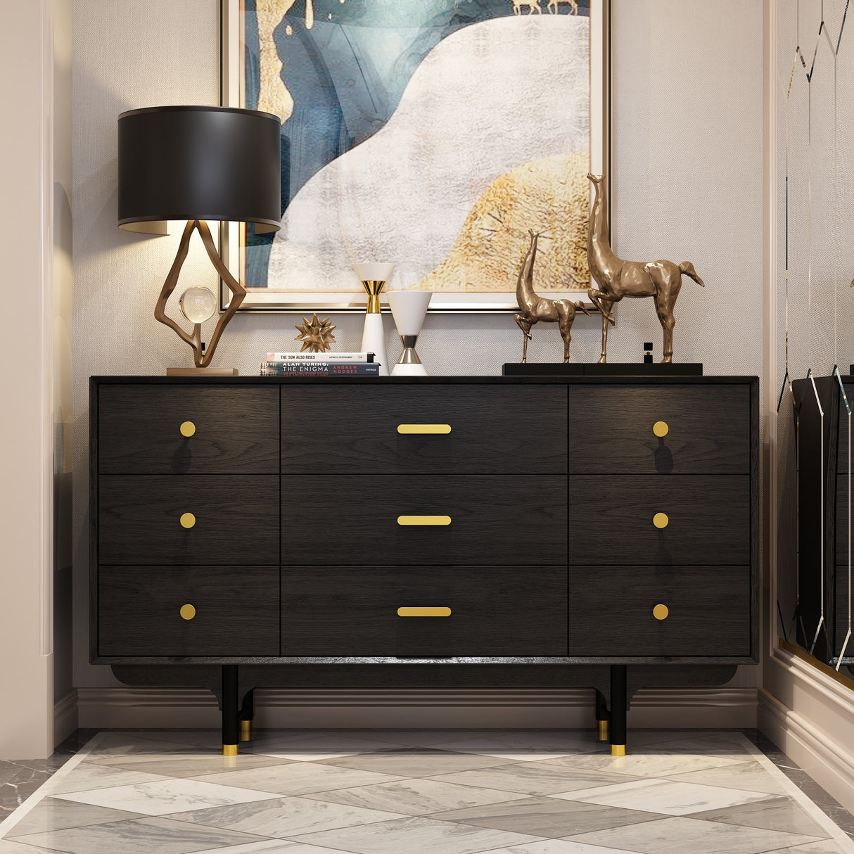 Luxe Matte Black Dresser w/Golden Hardware - Spacious Bedroom Storage