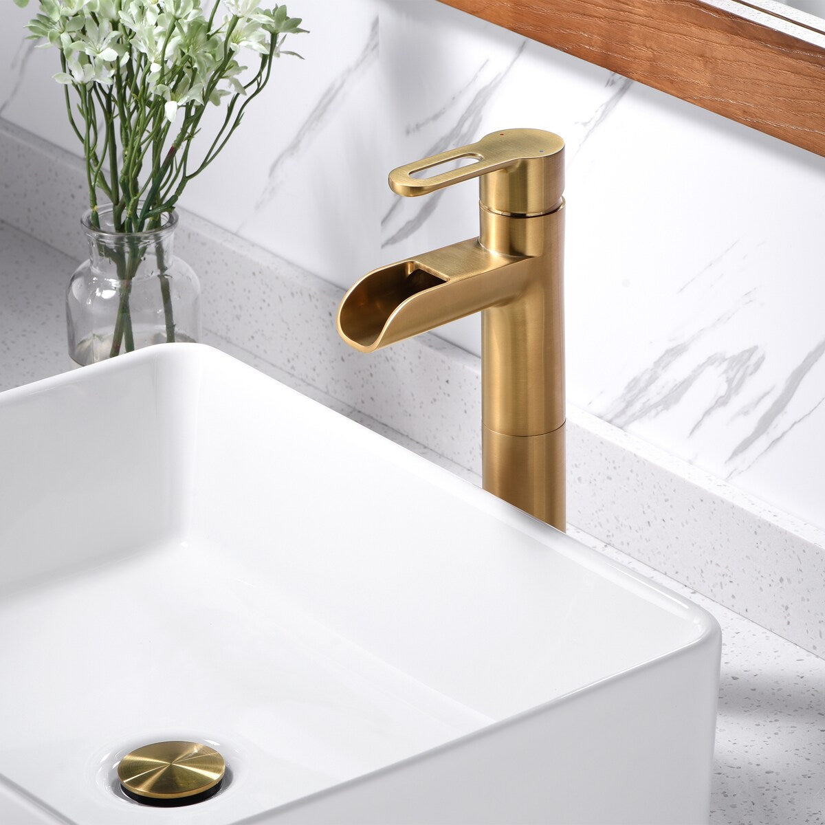Luxier BSH16-T Waterfall Single Handle 1-Hole Vessel Bathroom Faucet with Drain