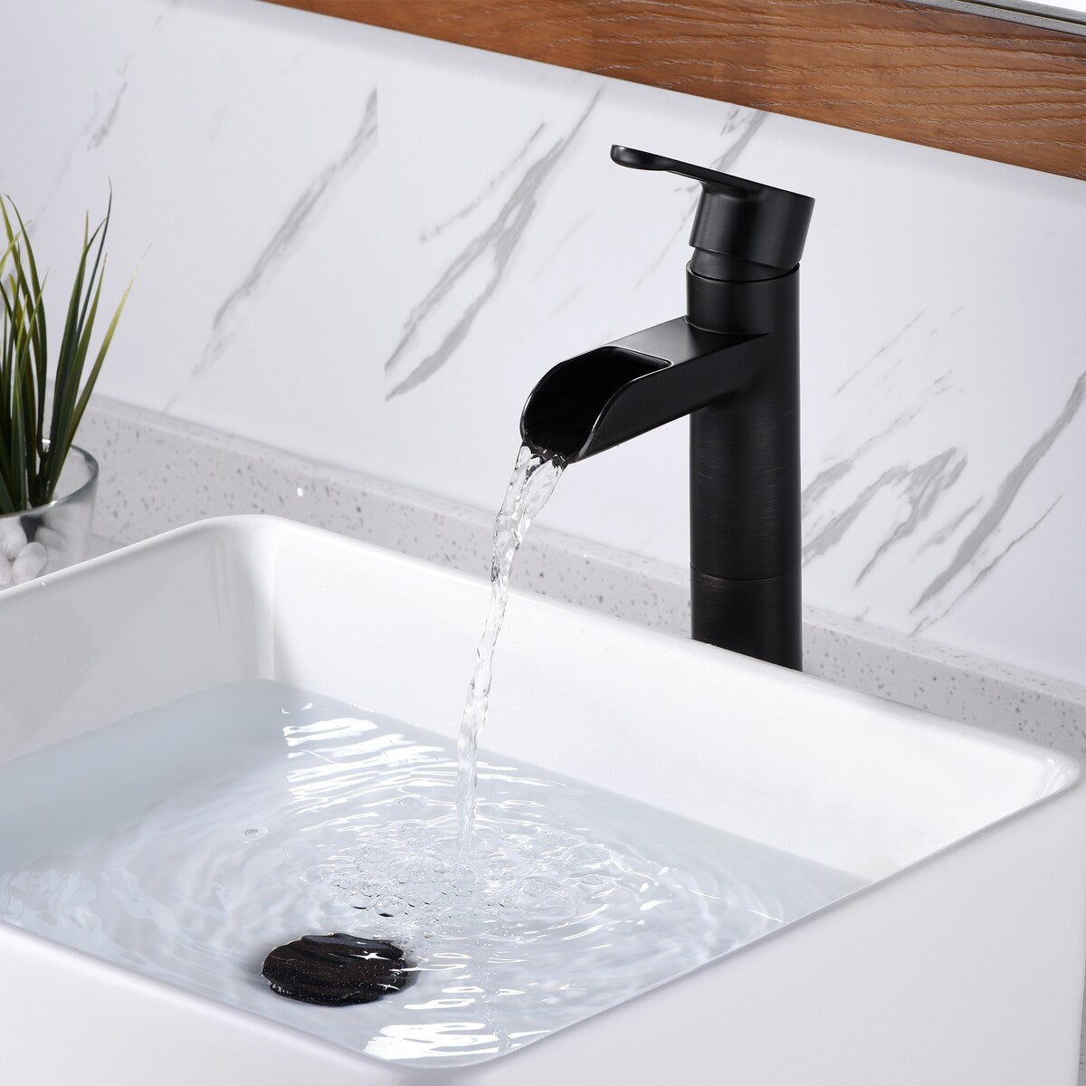 Luxier BSH16-T Waterfall Single Handle 1-Hole Vessel Bathroom Faucet with Drain