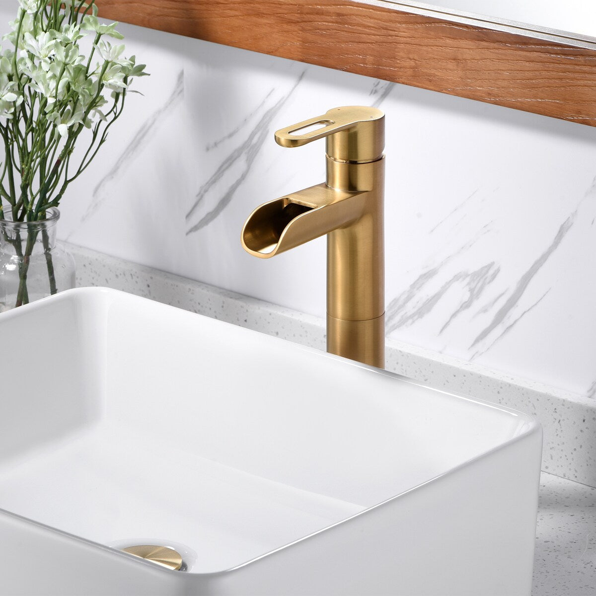 Luxier BSH16-T Waterfall Single Handle 1-Hole Vessel Bathroom Faucet with Drain
