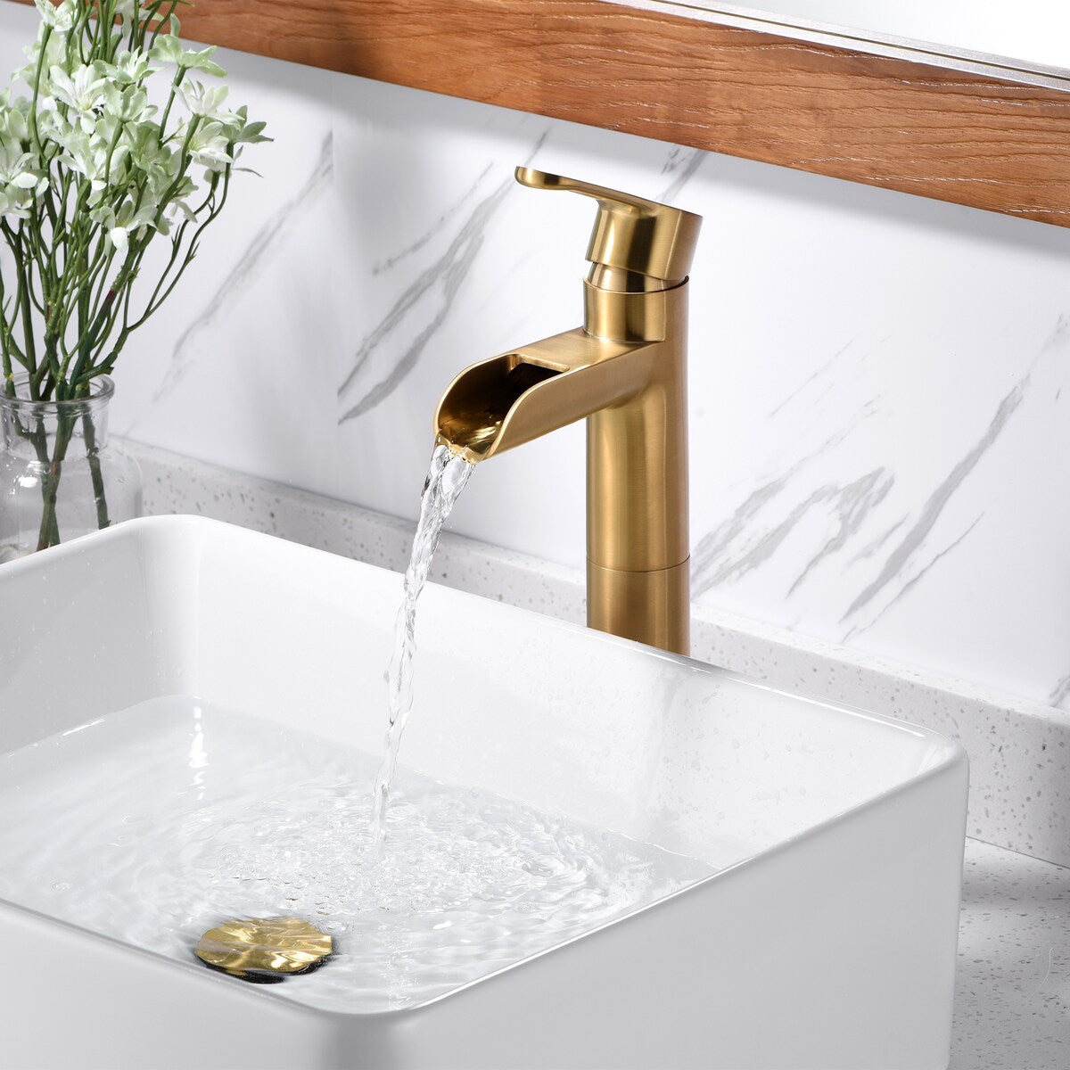 Luxier BSH16-T Waterfall Single Handle 1-Hole Vessel Bathroom Faucet with Drain