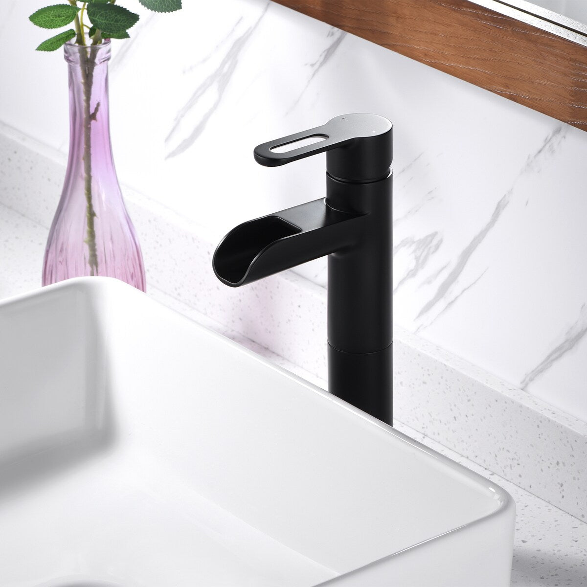 Luxier BSH16-T Waterfall Single Handle 1-Hole Vessel Bathroom Faucet with Drain
