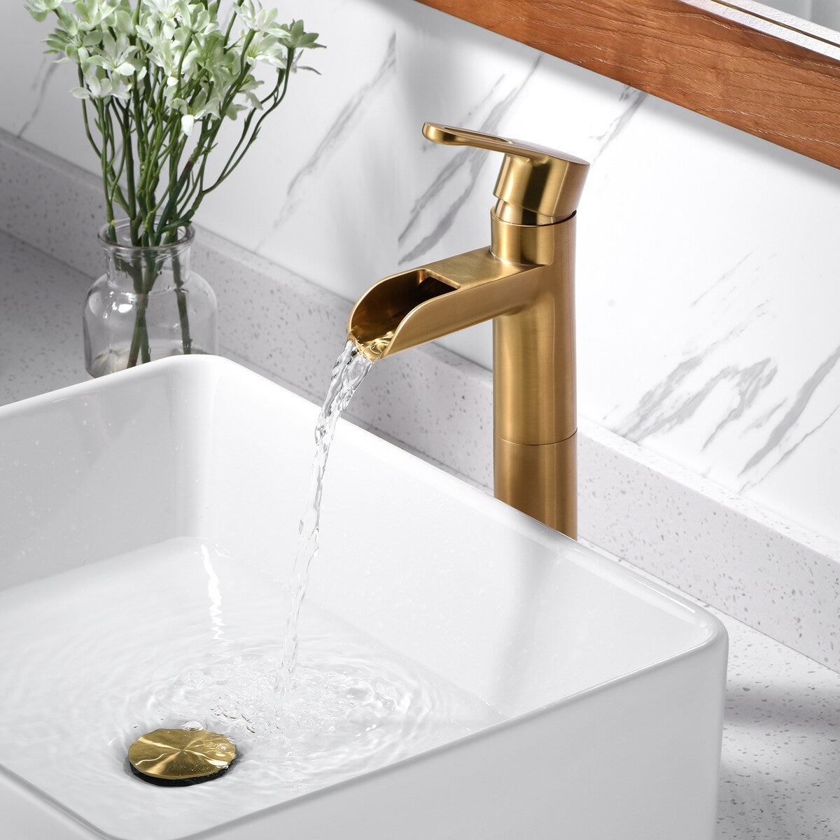 Luxier BSH16-T Waterfall Single Handle 1-Hole Vessel Bathroom Faucet with Drain