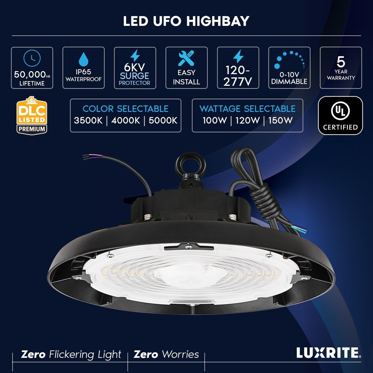 Luxrite 100/120/150W UFO High Bay LED Shop Lights, Up to 22500 Lumens, 3CCT, 5FT Hardwire Cable, IP65, UL 2 Pack