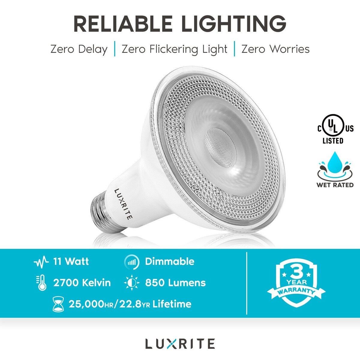 Luxrite 12 Pack LED PAR30 Flood Light Bulb, 11W=75W 850 Lumens, Dimmable, Spotlight Bulb, Wet Rated, E26, UL Listed