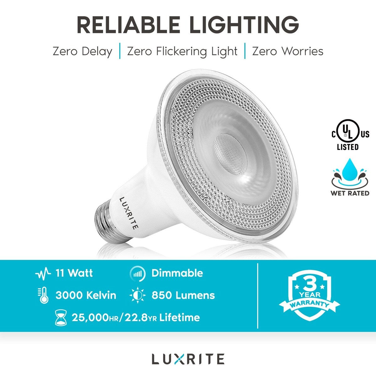 Luxrite 12 Pack LED PAR30 Flood Light Bulb, 11W=75W 850 Lumens, Dimmable, Spotlight Bulb, Wet Rated, E26, UL Listed
