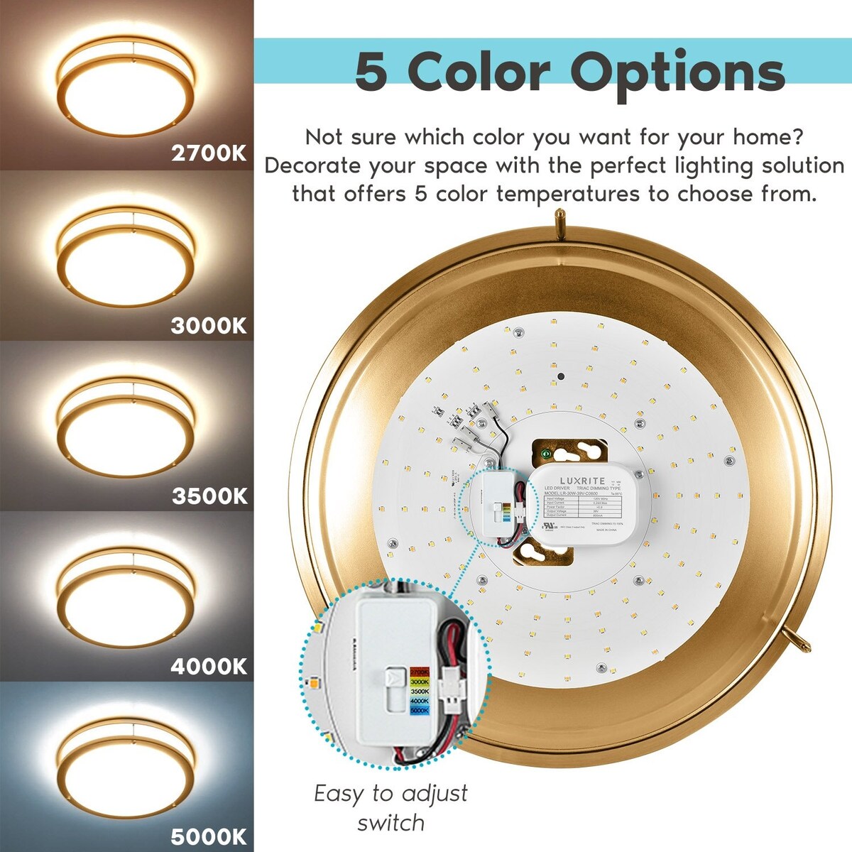 Luxrite 16 Inch LED Flush Mount Ceiling Light 5 Color Selectable Dimmable 24W 1920 Lumens ETL Listed Brushed Brass