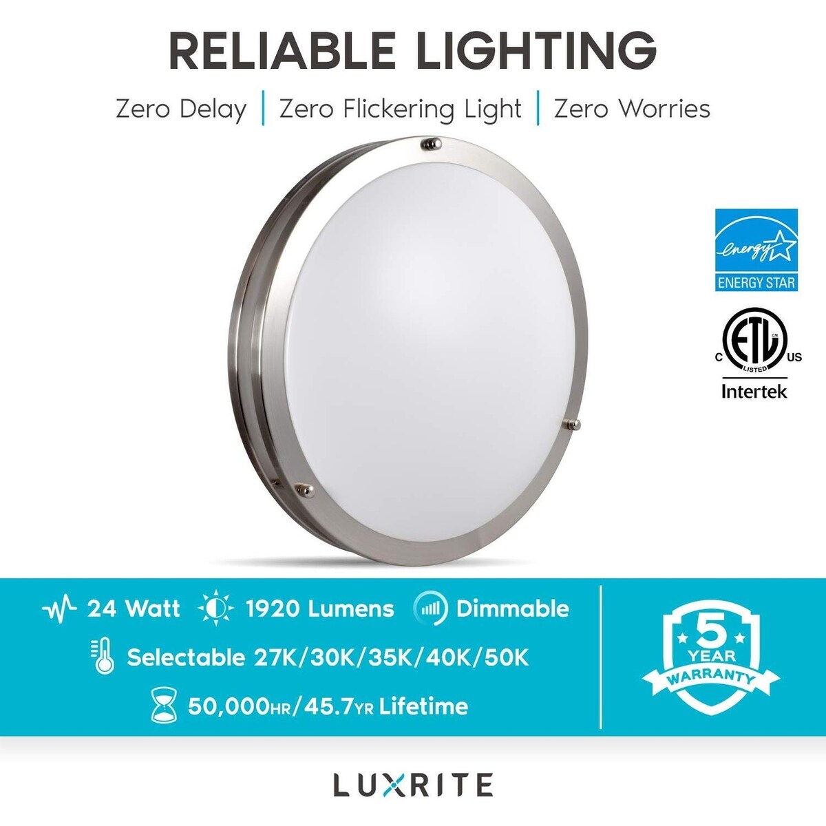 Luxrite 16 Inch LED Flush Mount Ceiling Light, Color Temperature Selectable 2700K / 3000K / 3500K / 4000K / 5000K