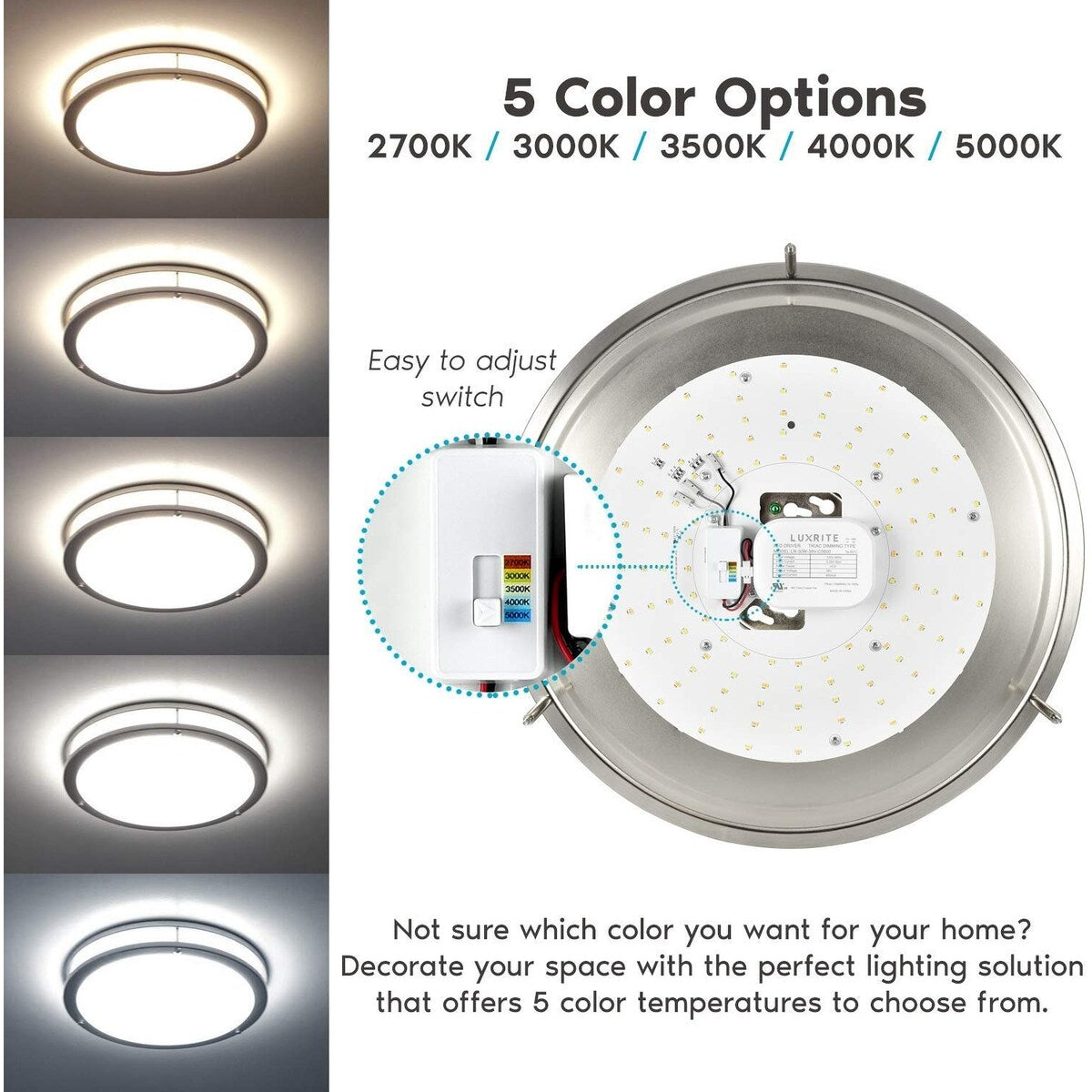 Luxrite 16 Inch LED Flush Mount Ceiling Light, Color Temperature Selectable 2700K / 3000K / 3500K / 4000K / 5000K