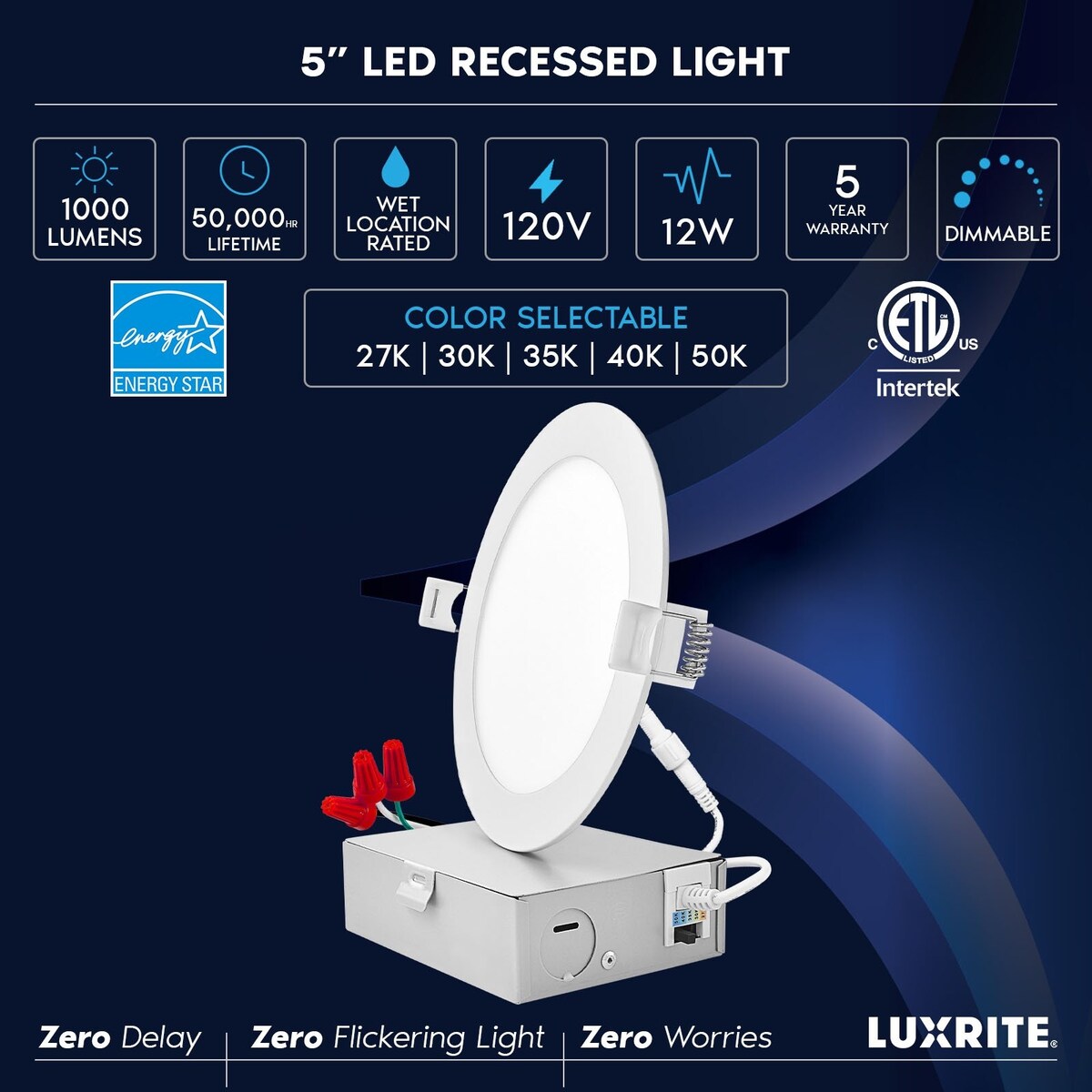 Luxrite 16-Pack 5 Inch Ultra Thin LED Recessed Light , 12W, Color Selectable, Dimmable, 1000 Lumens, ETL, IC Rated