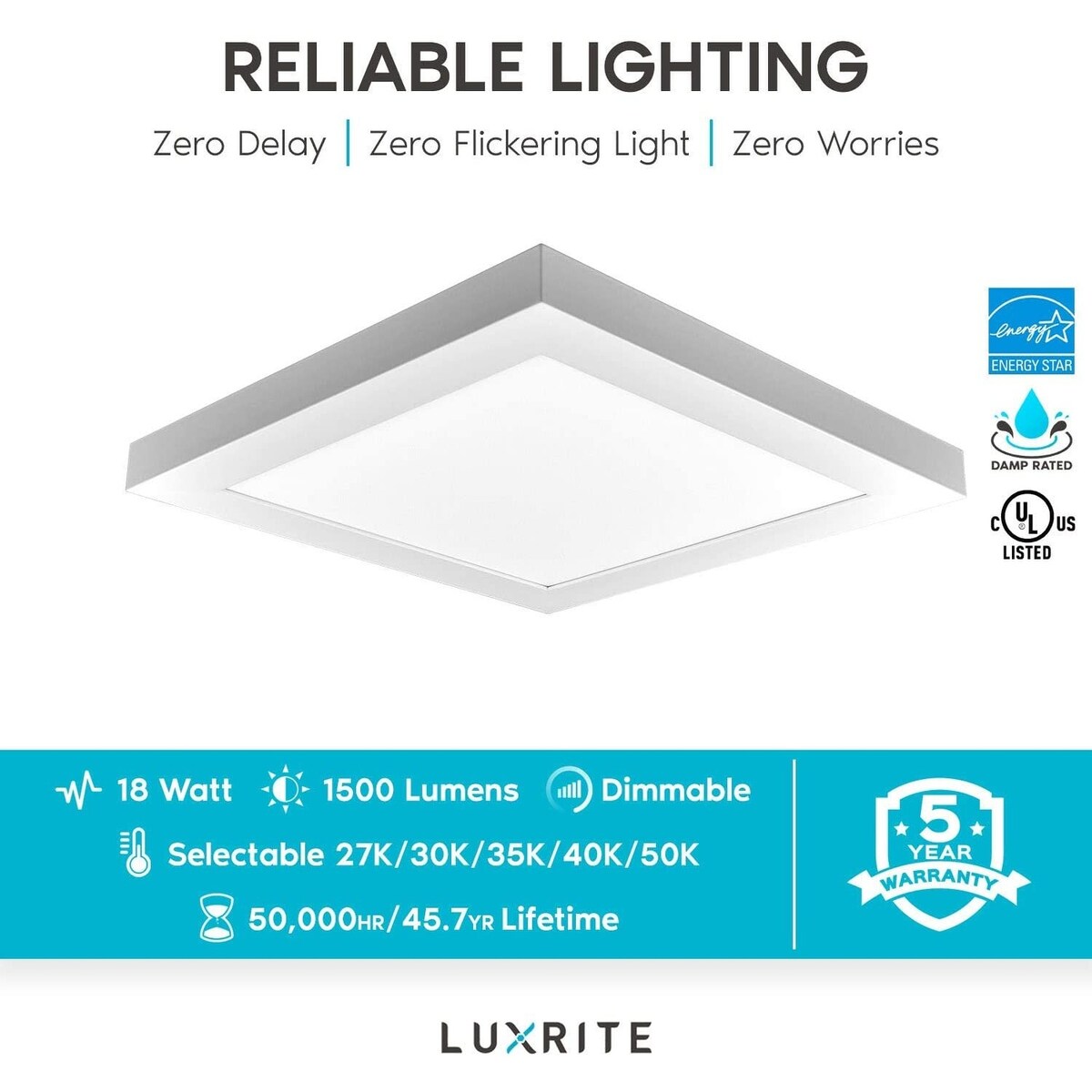 Luxrite 1x1 FT LED Panel Flush Mount Lights, 18W Edge-Lit, 5 Color Options, 1500 Lumens, Damp Rated, UL Listed (4 Pack)