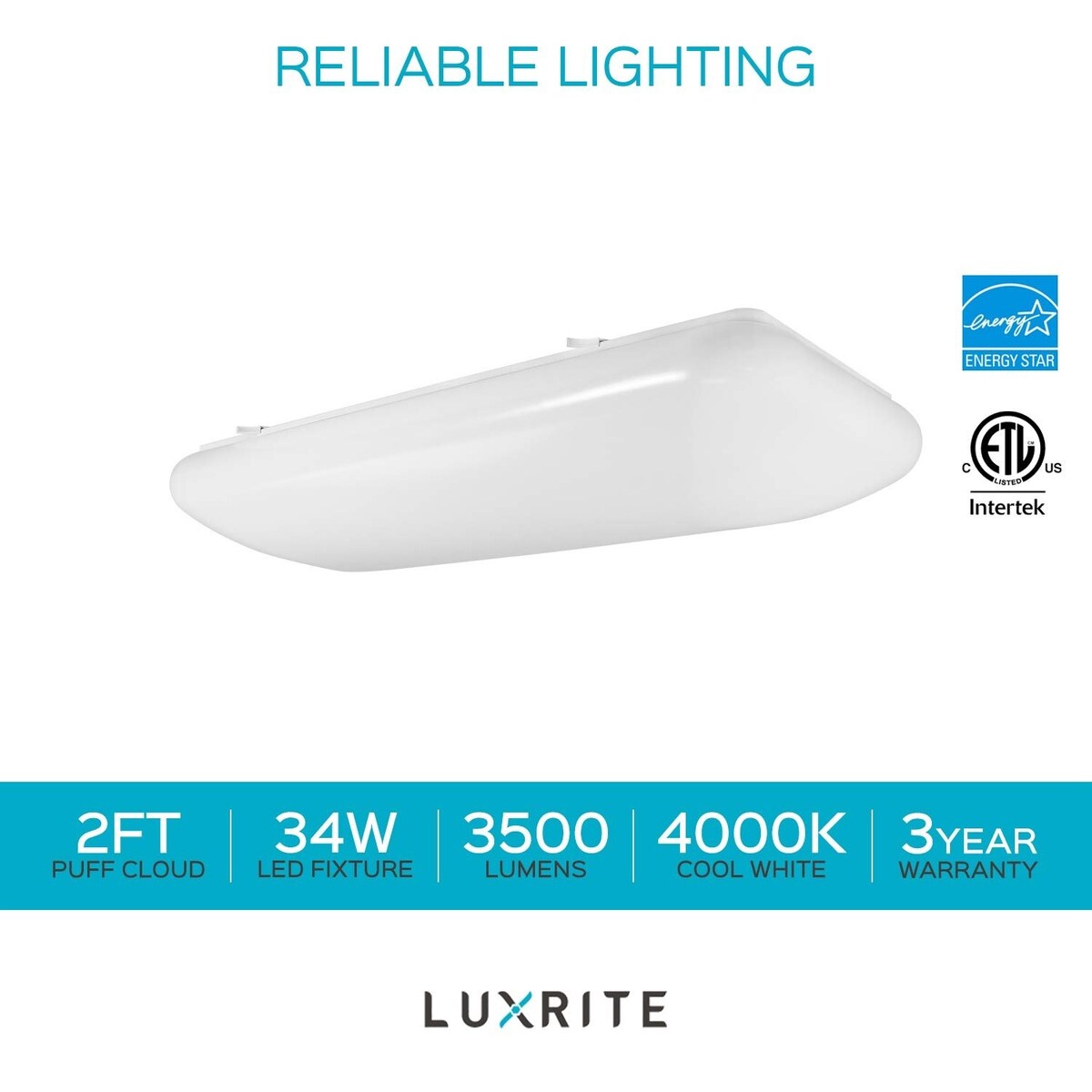 Luxrite 2FT Puff LED Flush Mount Light Fixture, 34W, 3500 Lumens, 110-277V, Energy Star & ETL Listed, Damp Rated