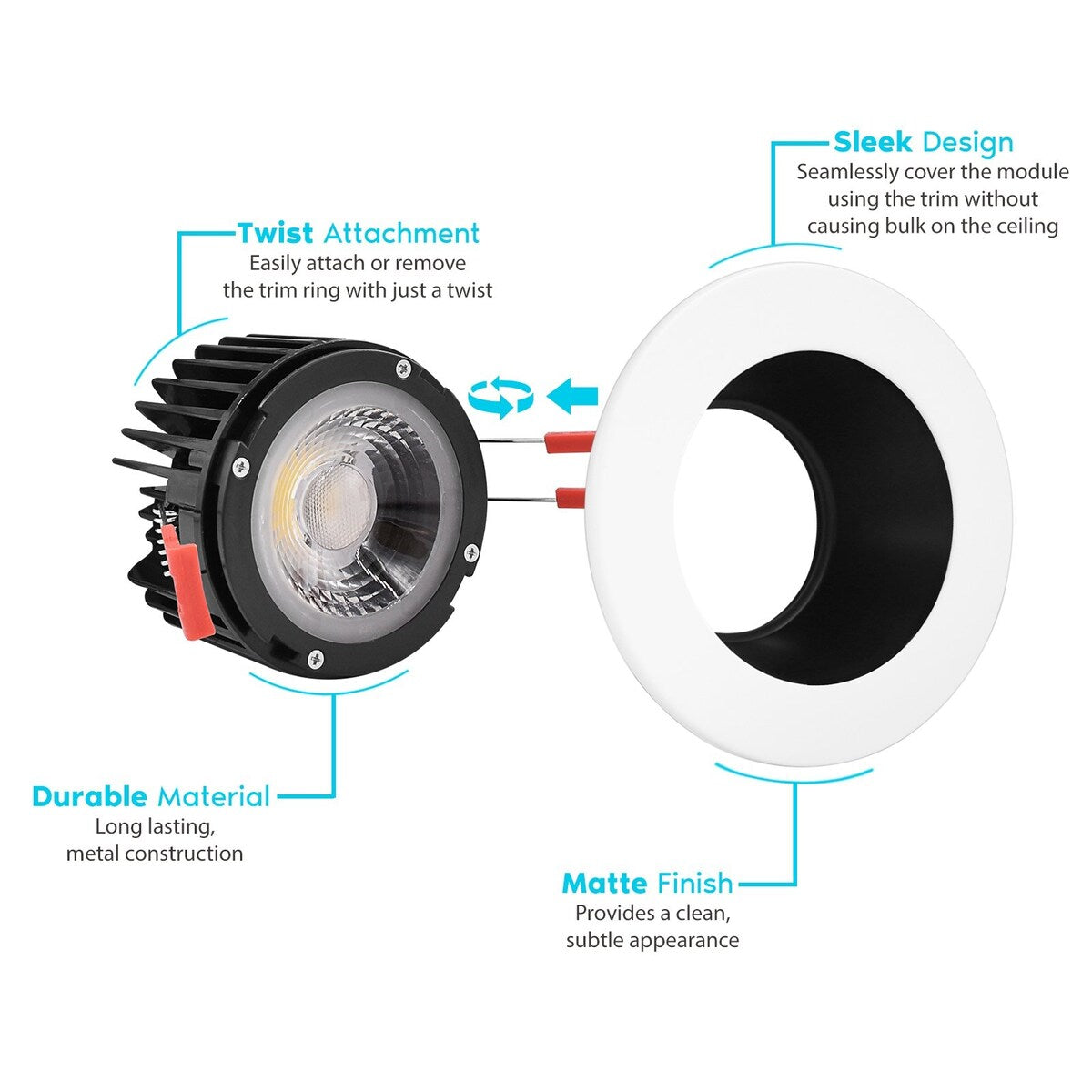 Luxrite 4 Inch LED Recessed Light, 15W, 5 Color Selectable, 1100 Lumens, Dimmable, Wet Rated - White Black Trim 4-Pack