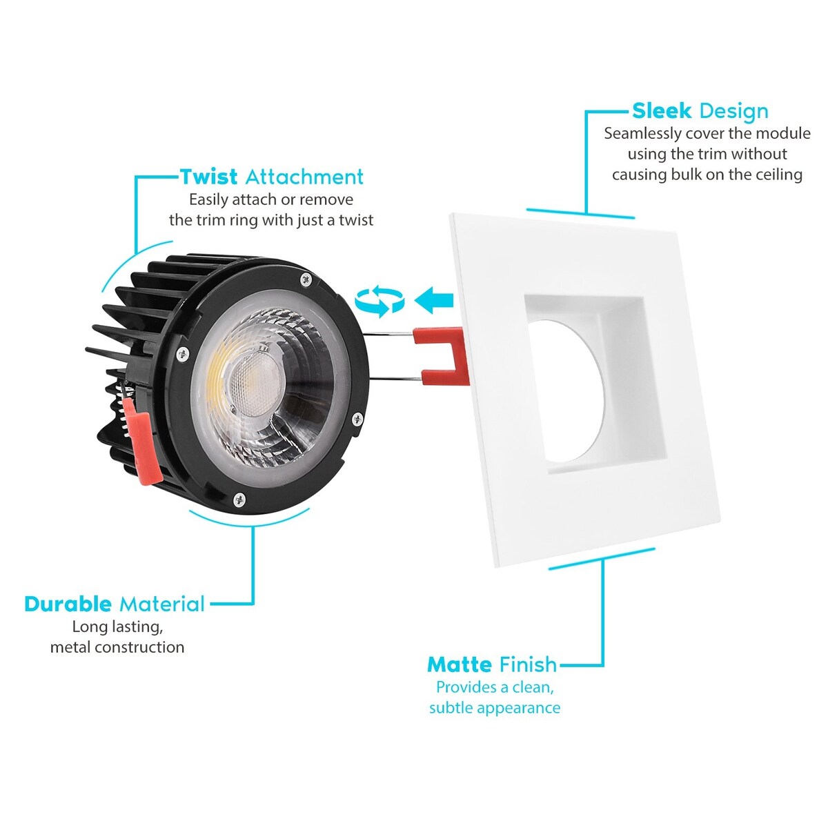 Luxrite 4" Square LED Recessed Light J-Box 15W 5 Color Options 1100 Lumens Dimmable Wet Rated IC Rated Smooth Trim