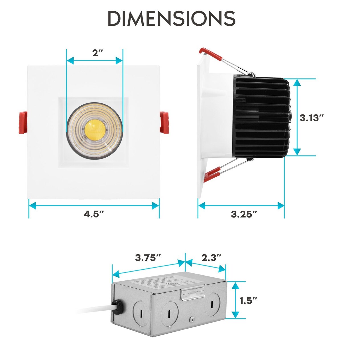 Luxrite 4" Square LED Recessed Light J-Box 15W 5 Color Options 1100 Lumens Dimmable Wet Rated IC Rated Smooth Trim