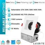 Luxrite 4" Square LED Recessed Light J-Box 15W 5 Color Options 1100 Lumens Dimmable Wet Rated IC Rated Smooth Trim