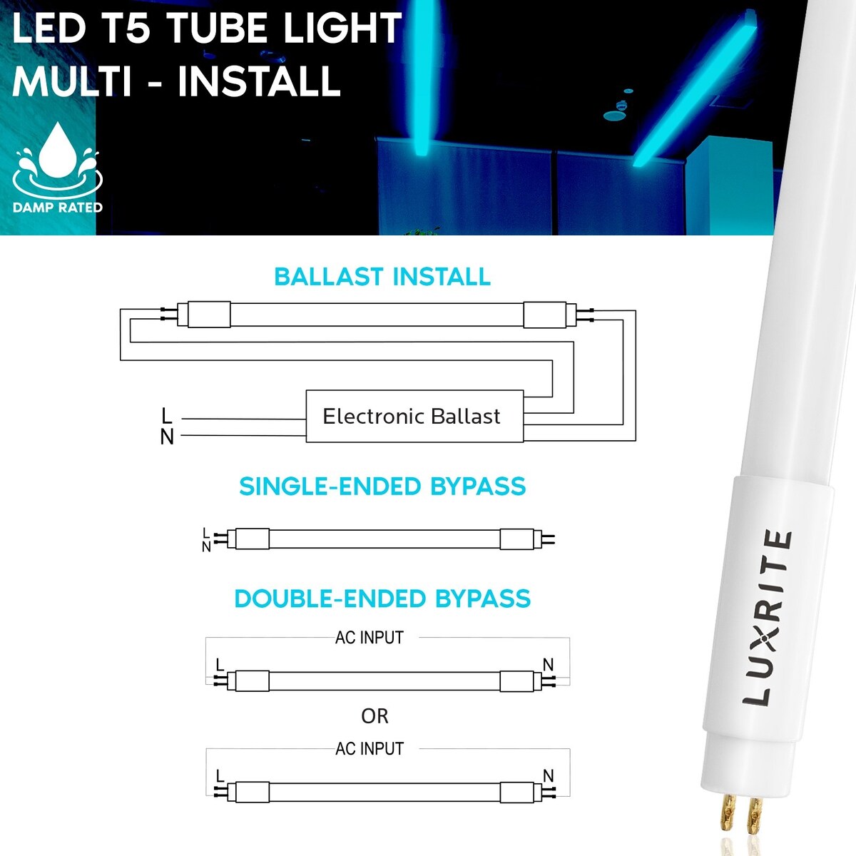 Luxrite 4FT T5 LED Tube Lights, 24W=54W, 45.78", Ballast and Ballast Bypass Compatible, Damp Rated 4 Pack - N/A