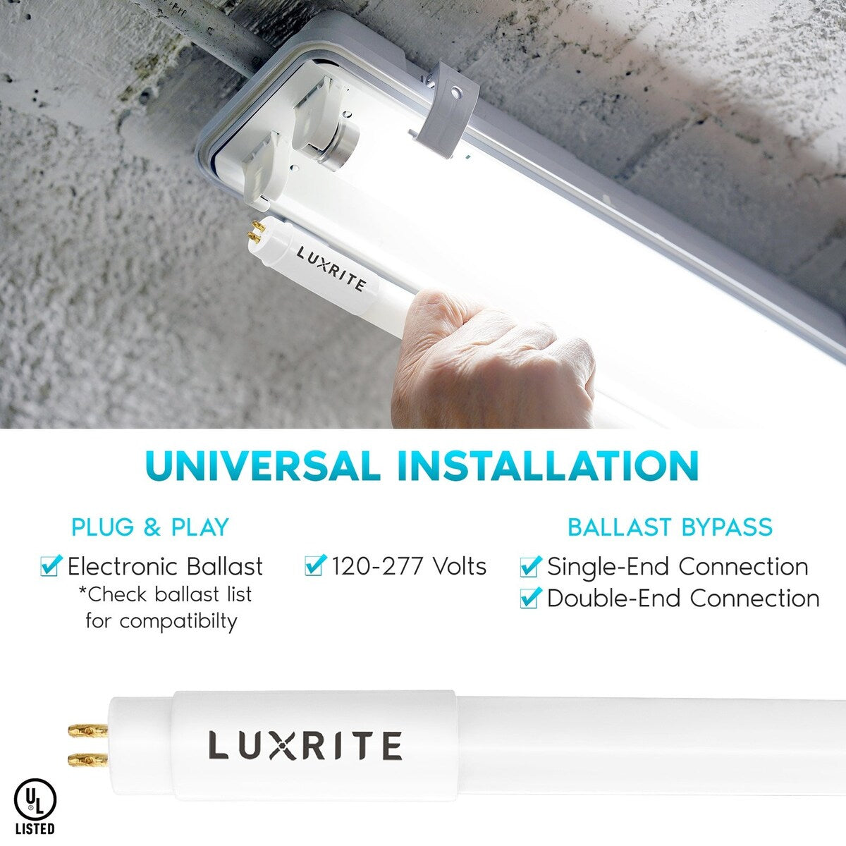 Luxrite 4FT T5 LED Tube Lights, 24W=54W, 45.78", Ballast and Ballast Bypass Compatible, Damp Rated 4 Pack - N/A